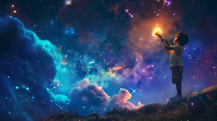 Obraz premium Child Holding A Light Exploring The Night Sky