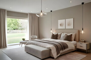Fototapeta premium Modern Bedroom Interior Design Showcases a Neutral Color Palette with Stylish Furnishings and Natural Light