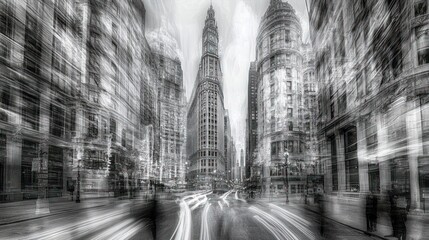 Naklejka premium City street, blurred motion, architecture, New York, skyscraper, black and white, urban, finance, energy, fast-paced, advertising