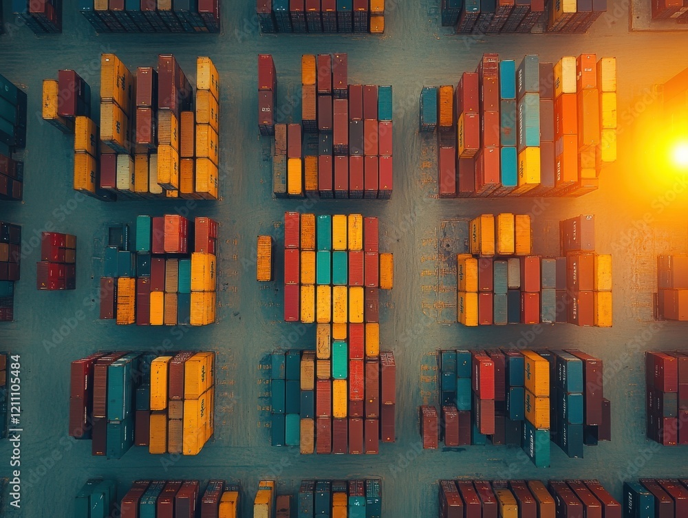 Poster aerial view of colorful container shipyard with stacked cargo containers in different colors and lig