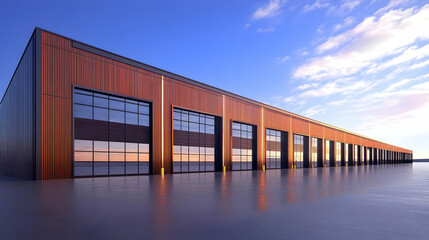 Fototapeta premium Modern Industrial Building Reflects in Water at Sunset with a Blue and Pink Sky