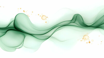 Fototapeta premium Abstract Green Wave Flows Gracefully with Golden Bubbles on a White Background