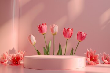 Romantic Arrangement of Pink Tulips on Soft Pink Background