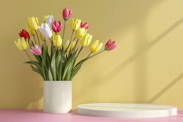 Fototapeta premium Colorful Tulip Bouquet in White Vase with Soft Yellow Background