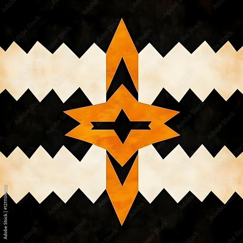 Poster abstract geometric pattern features orange and white triangles on black background with zigzag desig
