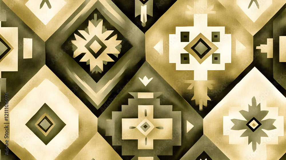 Poster geometric pattern displays intricate shapes and lines forming a seamless repeating design on fabric 