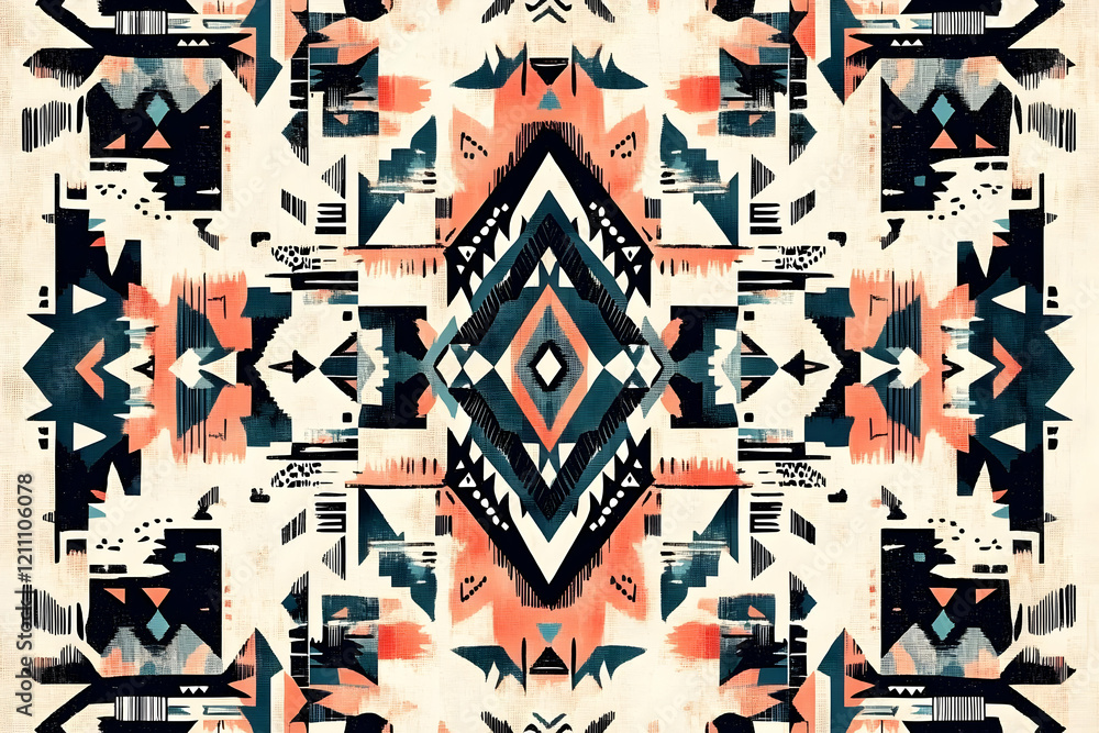 Poster abstract tribal pattern displays intricate geometric designs seamlessly repeating across a textured 