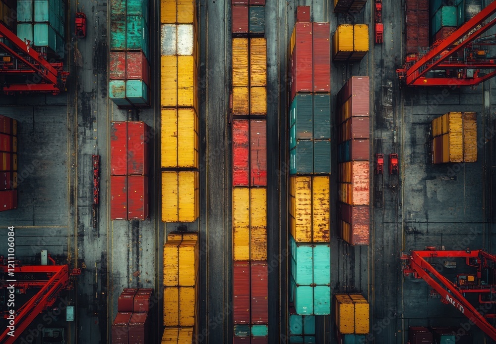 Poster aerial view of colorful shipping containers in a busy port with cranes overhead, depicting global tr