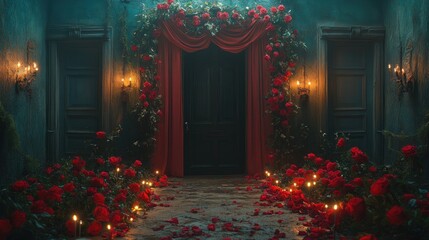 Romantic rose archway entrance, mystical manor, candlelight, event backdrop