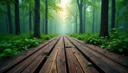 Weathered wooden planks lead into misty forest, forest floor, wooden walkway