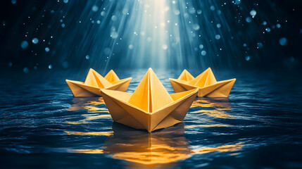 Three Yellow Paper Boats Float Serenely on Dark Water Under a Soft, Ethereal Light