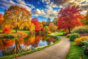 Obraz premium Autumnal Park Path Meandering Beside a Serene Pond, Flanked by Vibrant Trees in Full Fall Foliage Under a Bright Sky