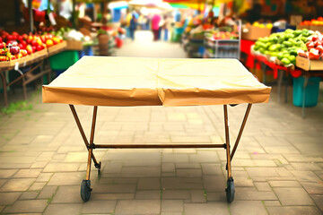 Obraz premium Empty Table Stands on Wheels at a Blurred Outdoor Market with Produce and Shoppers.
