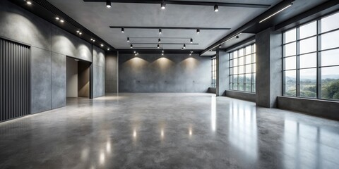 Obraz premium Spacious Modern Industrial Loft Interior with Polished Concrete Floor and Large Windows
