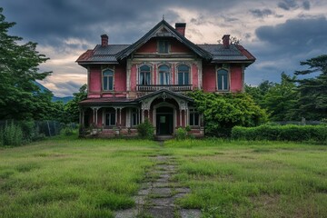 Abandoned Pink House, Overgrown Yard, Cloudy Sky
