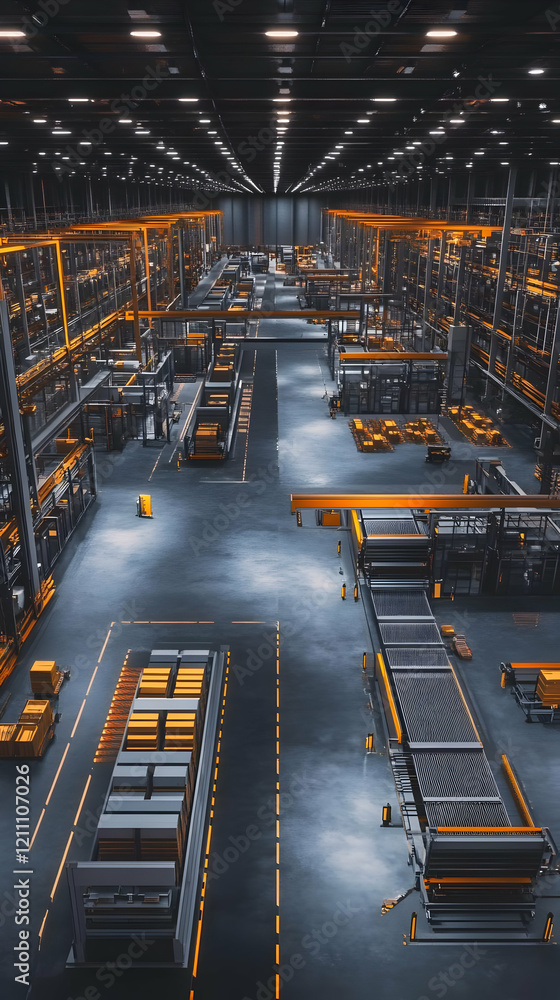 Poster modern factory interior with automated machinery and organized storage efficiently streamlines produ