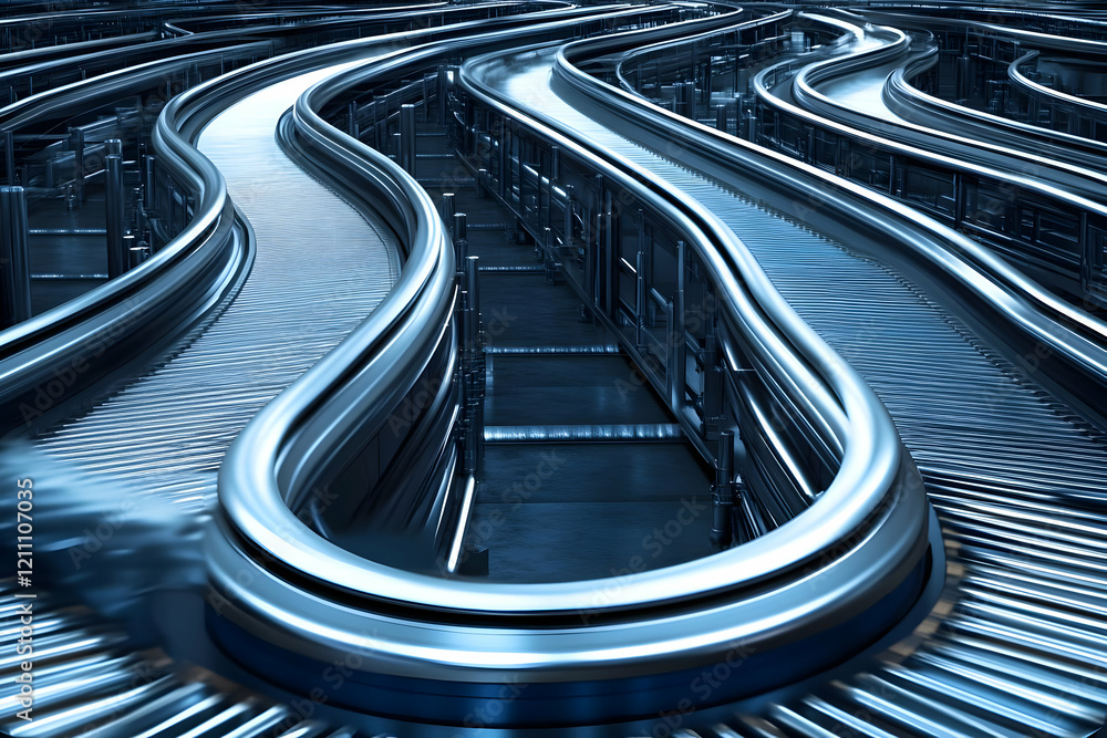 Poster curving conveyor belts move efficiently through industrial setting with speed and precision.