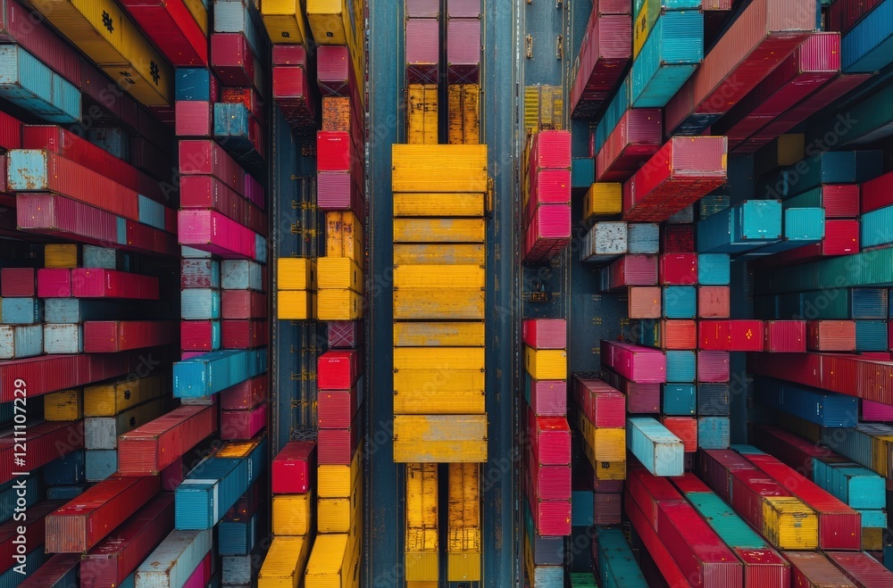 Poster aerial view of colorful shipping containers stacked neatly at a freight terminal in a busy port envi