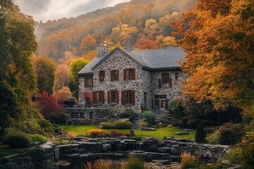 Fototapeta premium Autumnal stone house, fall foliage, mountain backdrop, garden, tranquil scene