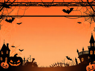 Spooky halloween scene pumpkins, bats, ghosts, and haunted house on vibrant orange background