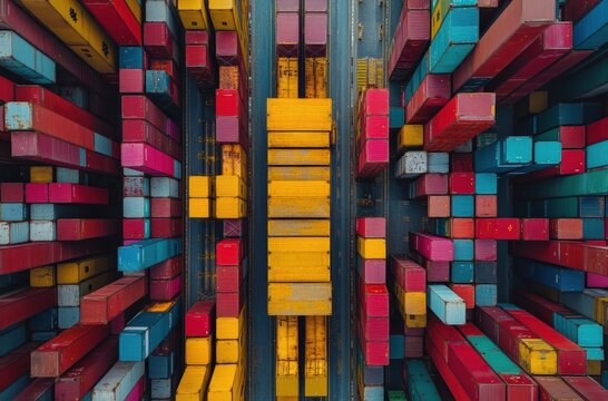 Aerial View of Colorful Shipping Containers Stacked Neatly at a Freight Terminal in a Busy Port Environment