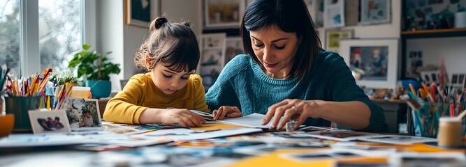 A mother and child making a scrapbook of memories together at a table full of photographs and craft supplies