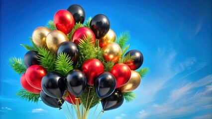 Obraz premium A vibrant cluster of red, black, and gold balloons, adorned with lush green foliage, ascends against a brilliant blue sky, symbolizing celebration and joy.