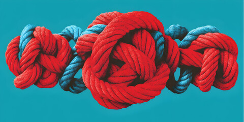 Red and Blue Ropes Tied in Knots Against a Turquoise Background.