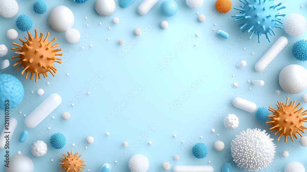 Poster 3d render of virus and bacteria cells and pills form a frame on a blue background with copy space