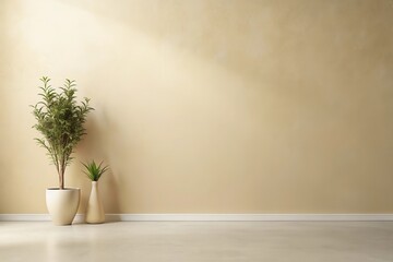 Minimalist interior design featuring a neutral beige wall, a potted plant, and a vase with greenery on a light floor