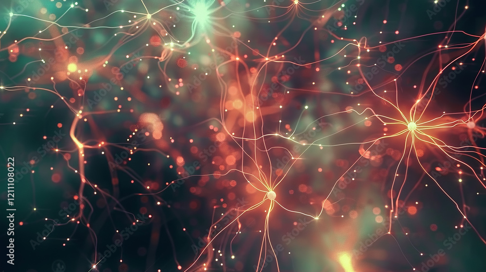 Poster a colorful image of neurons with red and green colors. the image is abstract and has a dreamy, surre