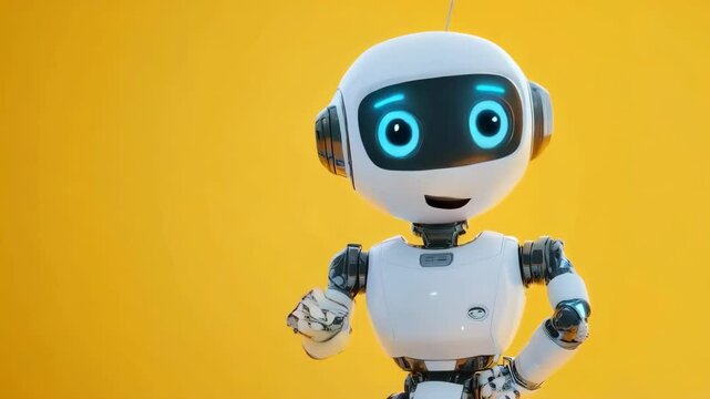 Cheerful robot demonstrating interactive gestures against bright yellow background