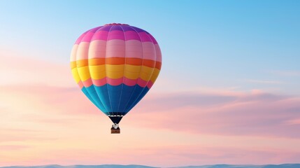 Fototapeta premium Colorful hot air balloon soaring at sunrise, peaceful landscape background, travel and adventure imagery