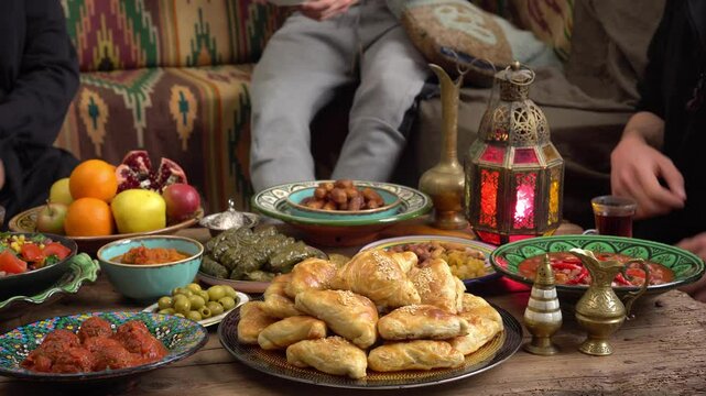 Muslim family gathered around a table during Ramadan, sharing a joyful Iftar meal with traditional dishes and dates, symbolizing togetherness, faith, and celebration of the holy month