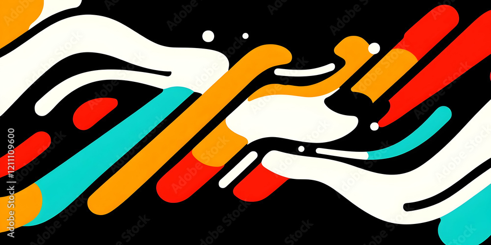 Poster abstract background flows with colorful dynamic shapes and waves on black background.