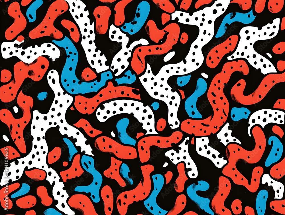 Poster Abstract Background Design Displays Colorful Blobs and Dots on a Black Backdrop, Dynamically Intertwined.