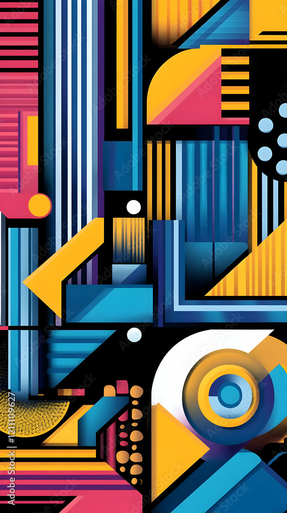 Poster abstract geometric background shows colorful shapes and bold lines with vivid colors dynamically arr