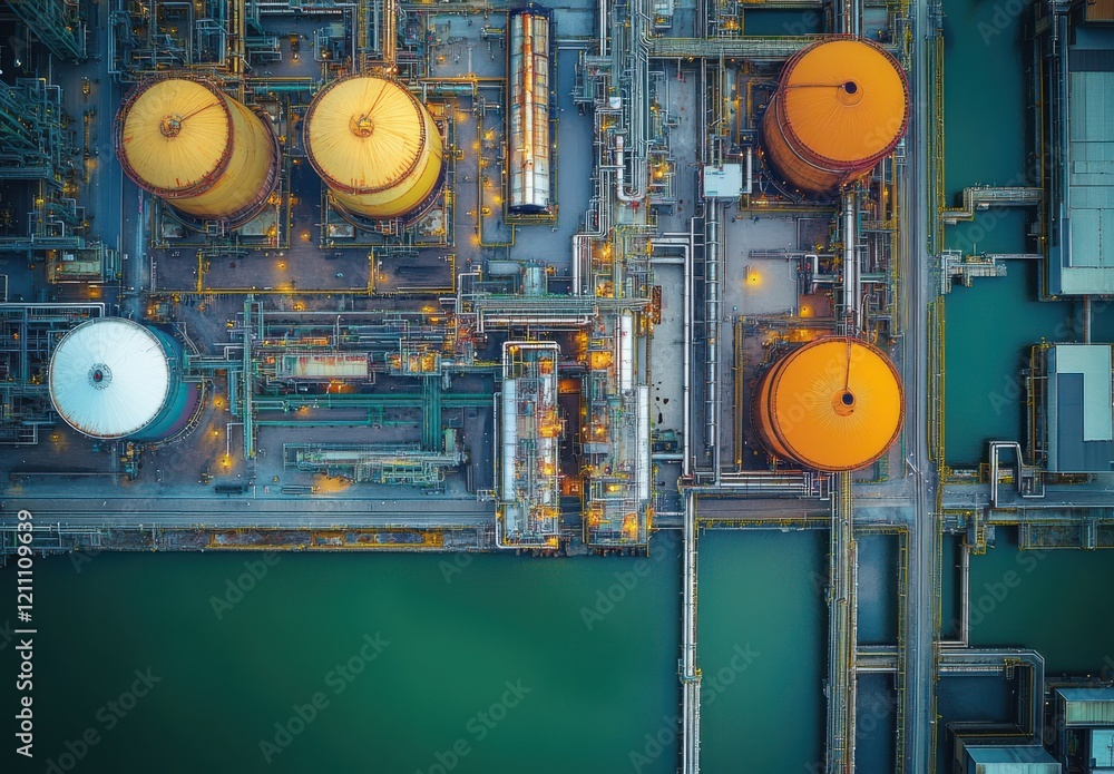 Poster aerial view of industrial facility featuring colorful storage tanks and complex pipeline systems in 