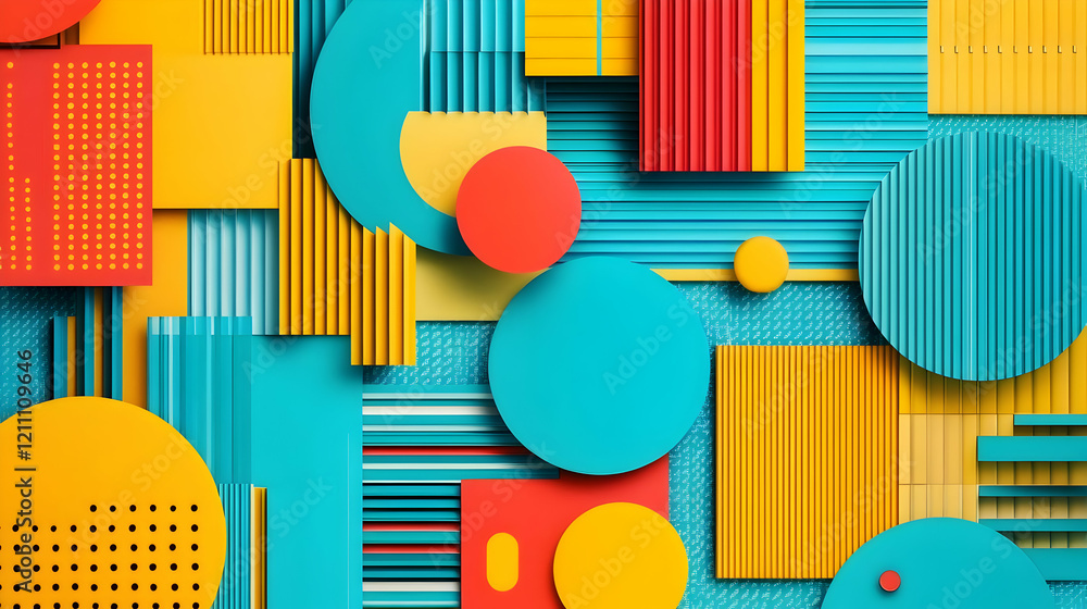 Poster 3d geometric shapes in vibrant colors form an abstract background design with layers and textures.