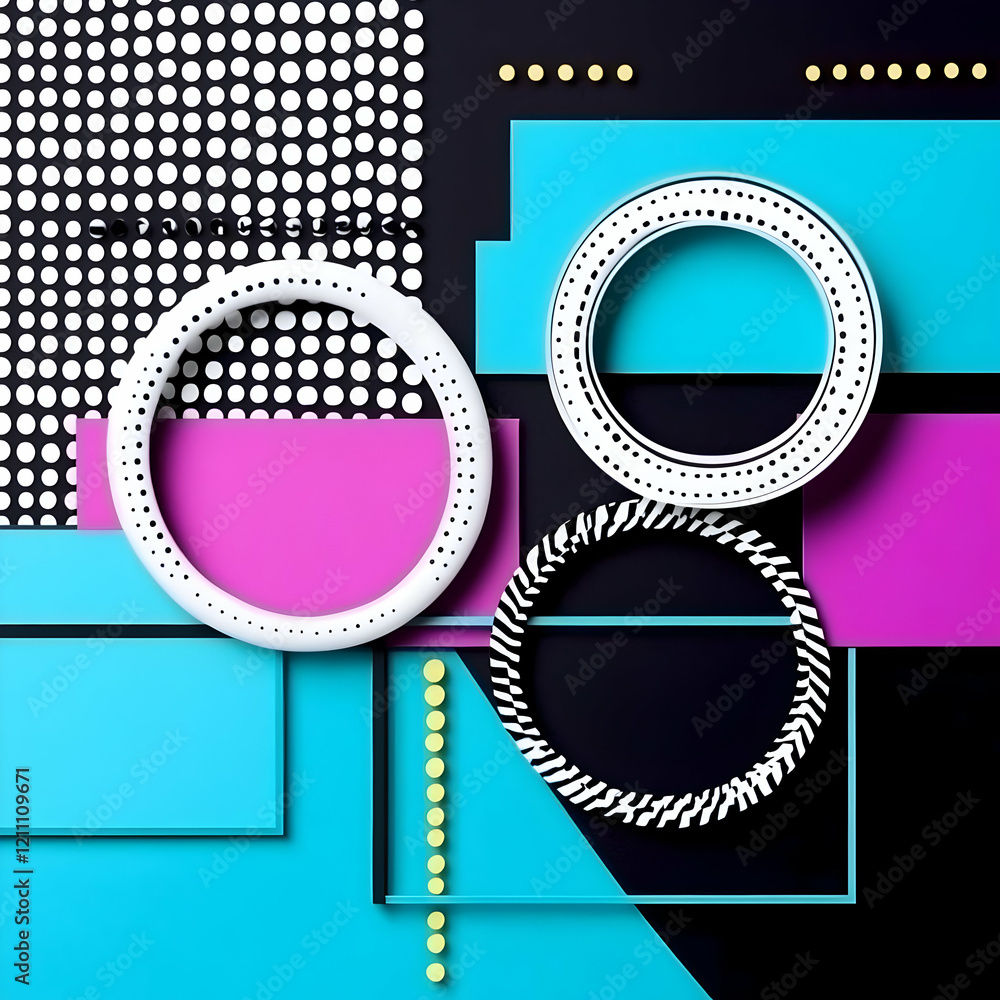 Poster Abstract 3D Rings Overlapping Geometric Shapes and Polka Dot Pattern Background Design