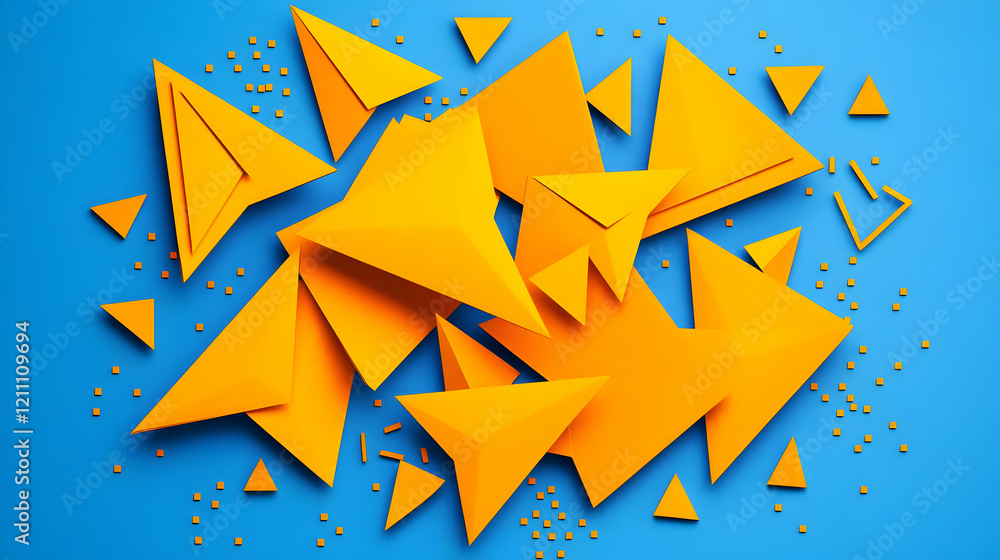Poster 3d orange triangles and squares dynamically scattered on a vibrant blue background, creating abstrac