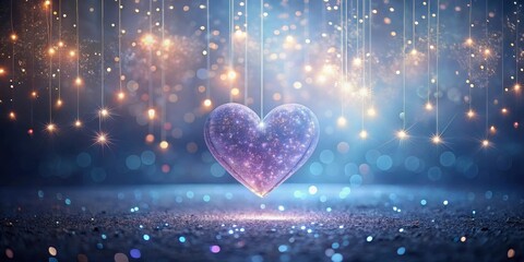 A shimmering heart hangs delicately from strings of light, illuminating a sparkling surface below, creating a magical and romantic ambiance.