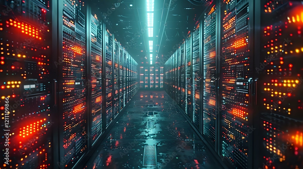 Poster modern data center corridor with glowing server racks illuminated by neon blue lights and red led in