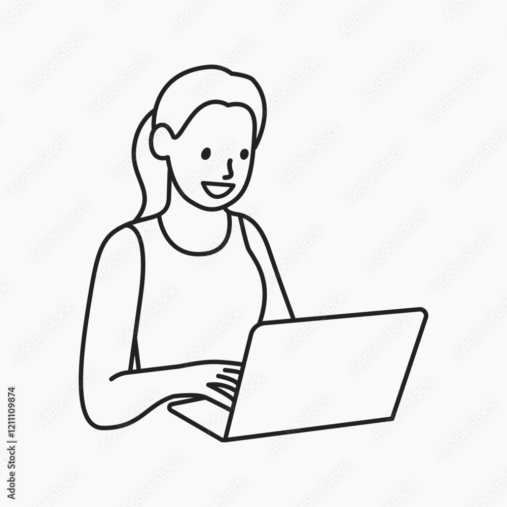 Poster woman using notebook computer line art vector