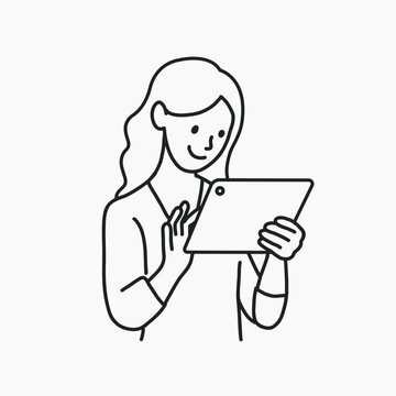 woman using tablet, black line art clip art preview