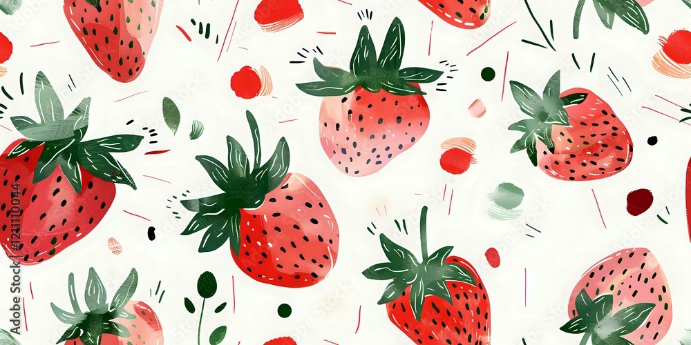Poster fresh strawberry seamless pattern with watercolor effect and abstract elements. perfect for fabric, 