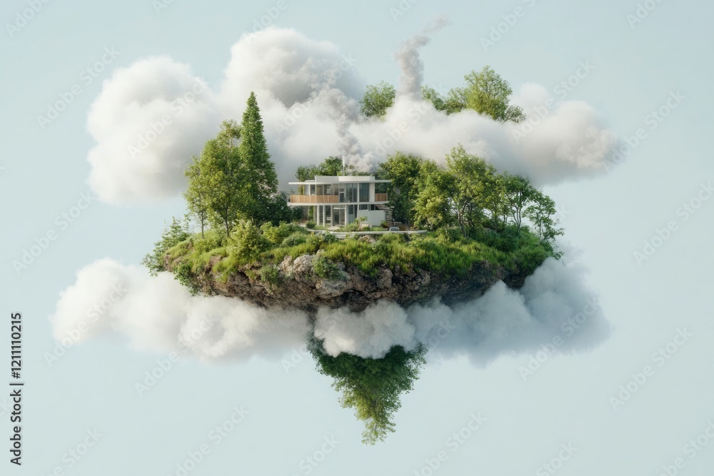 Aufkleber floating island with a house surrounded by trees and clouds.