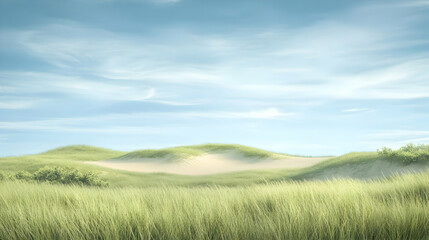 Fototapeta premium Serene Grassy Dunes Stretch Under a Calm Sky with Wispy Clouds and Gentle Breeze.