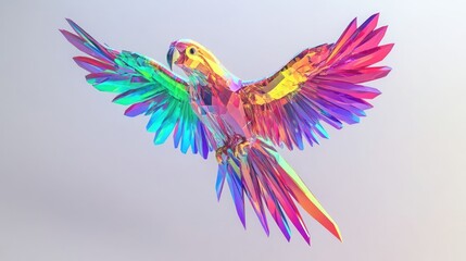 Obraz premium Colorful parrot, low-poly, flying, white background, digital art