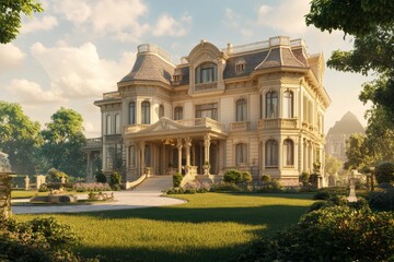 Obraz premium Grand Victorian mansion on landscaped grounds.